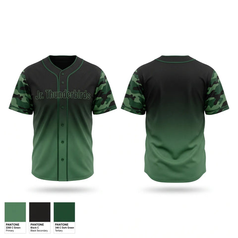 Full Button Baseball Jersey, Jr. Thunderbirds, Baseball, Teamtime, Team time, sublimation, custom sports apparel, team uniforms, spirit wear, spiritwear, sports uniforms, custom shirts, team store, custom team store, fundraiser sports, apparel fundraiser