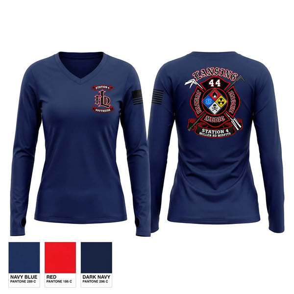 Womens Long Sleeve Vneck Shirt, Lansing Fire Dept - Station 4, Fire Department, Teamtime, Team time, sublimation, custom sports apparel, team uniforms, spirit wear, spiritwear, sports uniforms, custom shirts, team store, custom team store, fundraiser sports, apparel fundraiser