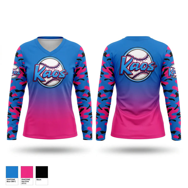 Womens Long Sleeve Vneck Shirt, KAOS, Baseball, Teamtime, Team time, sublimation, custom sports apparel, team uniforms, spirit wear, spiritwear, sports uniforms, custom shirts, team store, custom team store, fundraiser sports, apparel fundraiser