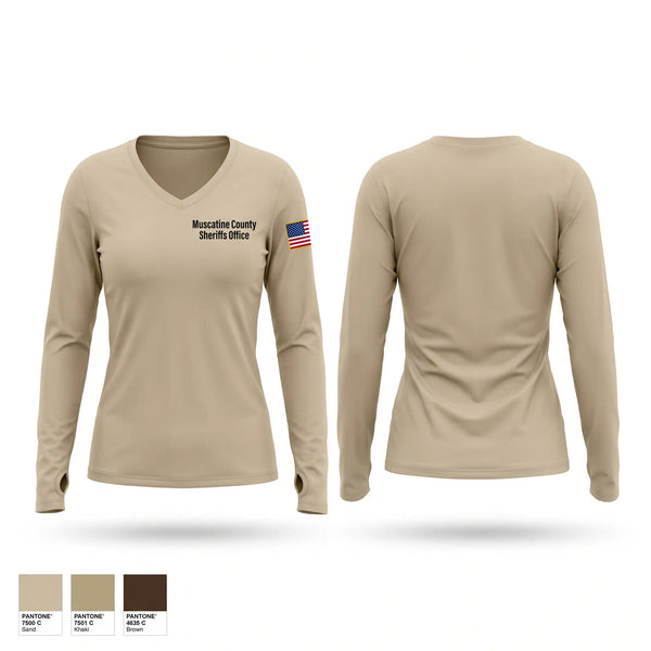 Womens Long Sleeve Vneck Shirt, Muscatine County Sheriff's Office, Police, Teamtime, Team time, sublimation, custom sports apparel, team uniforms, spirit wear, spiritwear, sports uniforms, custom shirts, team store, custom team store, fundraiser sports, apparel fundraiser