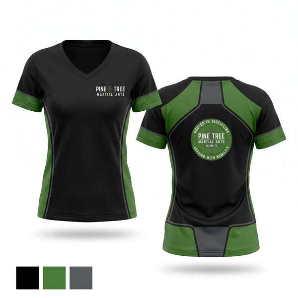 Womens Short Sleeve Vneck Shirt, Pine Tree Martial Arts, , Teamtime, Team time, sublimation, custom sports apparel, team uniforms, spirit wear, spiritwear, sports uniforms, custom shirts, team store, custom team store, fundraiser sports, apparel fundraiser