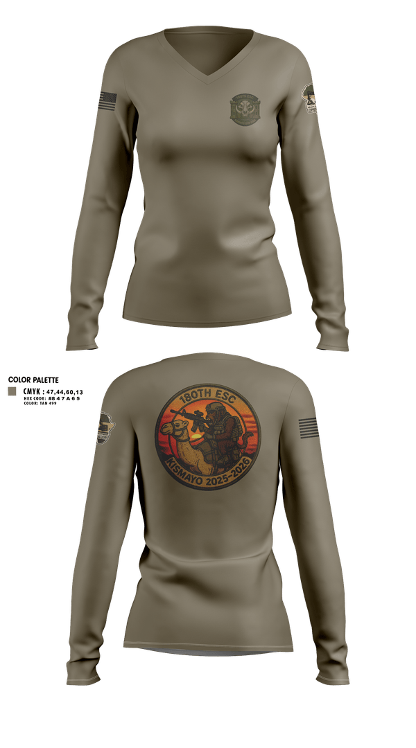Womens Long Sleeve Vneck Shirt, 180th ESC Kismayo, Army, Teamtime, Team time, sublimation, custom sports apparel, team uniforms, spirit wear, spiritwear, sports uniforms, custom shirts, team store, custom team store, fundraiser sports, apparel fundraiser