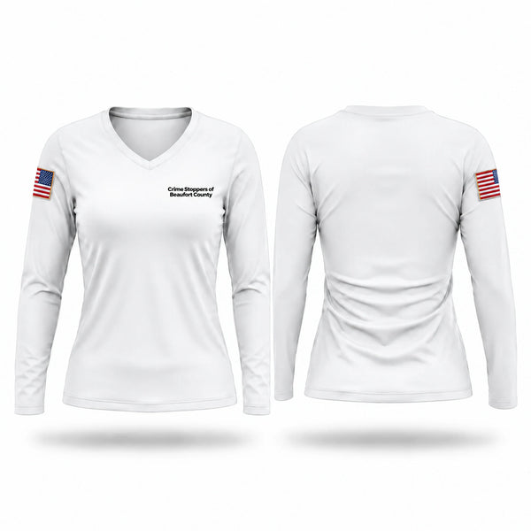 Womens Long Sleeve Vneck Shirt, Crime Stoppers of Beaufort County, Police, Teamtime, Team time, sublimation, custom sports apparel, team uniforms, spirit wear, spiritwear, sports uniforms, custom shirts, team store, custom team store, fundraiser sports, apparel fundraiser