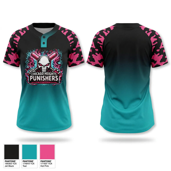 Two Button Softball Jersey, Chicago Heights Punishers, Softball, Teamtime, Team time, sublimation, custom sports apparel, team uniforms, spirit wear, spiritwear, sports uniforms, custom shirts, team store, custom team store, fundraiser sports, apparel fundraiser
