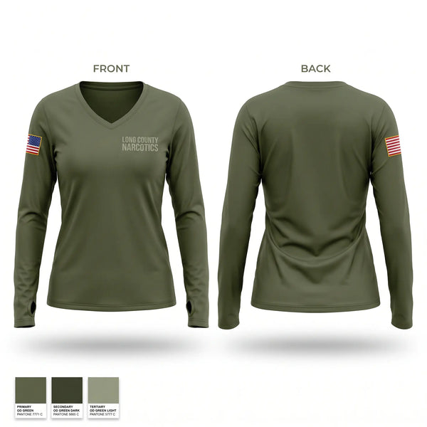 Womens Long Sleeve Vneck Shirt, Long County Narcotics, Police, Teamtime, Team time, sublimation, custom sports apparel, team uniforms, spirit wear, spiritwear, sports uniforms, custom shirts, team store, custom team store, fundraiser sports, apparel fundraiser