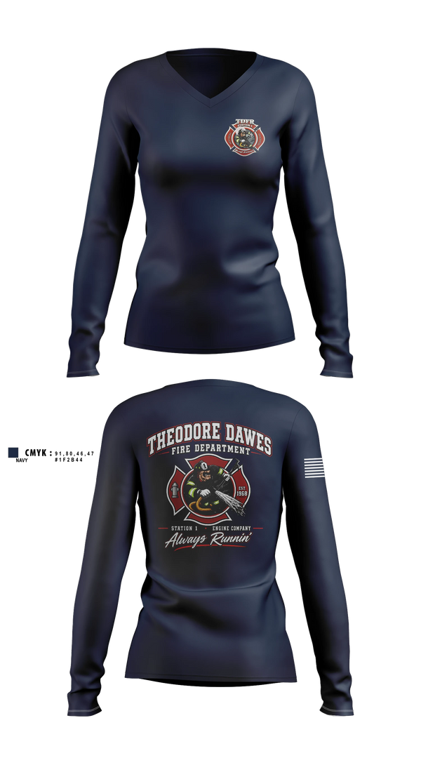 Womens Long Sleeve Vneck Shirt, Theodore-Dawes Fire Rescue, Fire Department, Teamtime, Team time, sublimation, custom sports apparel, team uniforms, spirit wear, spiritwear, sports uniforms, custom shirts, team store, custom team store, fundraiser sports, apparel fundraiser