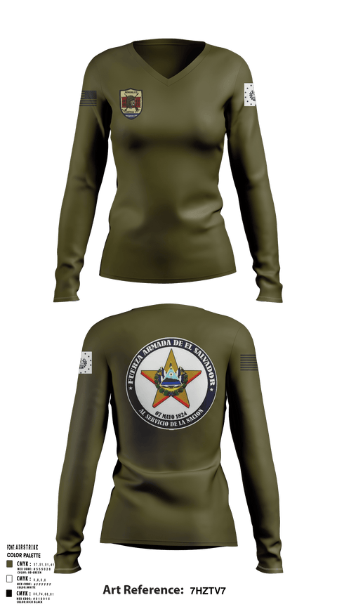 Women's Long Sleeve Vneck Shirt, Battallion Nonualco, Army, Teamtime, Team time, sublimation, custom sports apparel, team uniforms, spirit wear, spiritwear, sports uniforms, custom shirts, team store, custom team store, fundraiser sports, apparel fundraiser