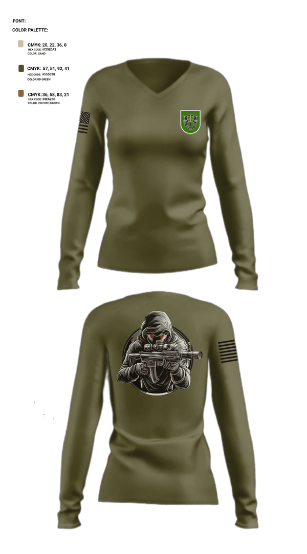 Women's Long Sleeve Vneck Shirt, 10 SFG, Army, Teamtime, Team time, sublimation, custom sports apparel, team uniforms, spirit wear, spiritwear, sports uniforms, custom shirts, team store, custom team store, fundraiser sports, apparel fundraiser