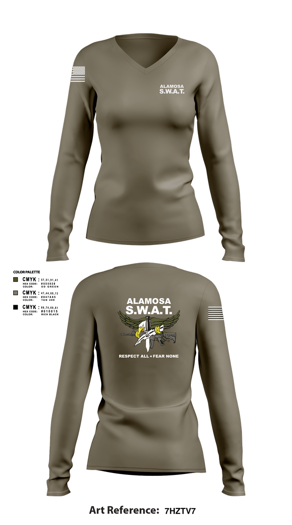 Women's Long Sleeve Vneck Shirt, Alamosa SWAT Team, Police, Teamtime, Team time, sublimation, custom sports apparel, team uniforms, spirit wear, spiritwear, sports uniforms, custom shirts, team store, custom team store, fundraiser sports, apparel fundraiser