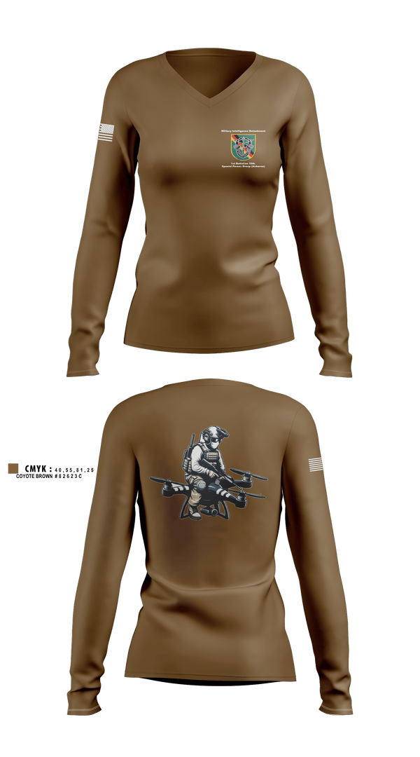 Women's Long Sleeve Vneck Shirt, Military Intelligence Detachment 1st Battalion 10th Special Forces Group (Airborne), Army, Teamtime, Team time, sublimation, custom sports apparel, team uniforms, spirit wear, spiritwear, sports uniforms, custom shirts, team store, custom team store, fundraiser sports, apparel fundraiser