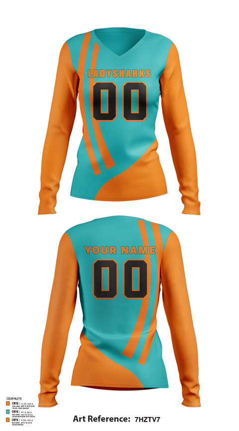 Women's Long Sleeve Vneck Shirt, LadySharks, Women's Volleyball, Teamtime, Team time, sublimation, custom sports apparel, team uniforms, spirit wear, spiritwear, sports uniforms, custom shirts, team store, custom team store, fundraiser sports, apparel fundraiser