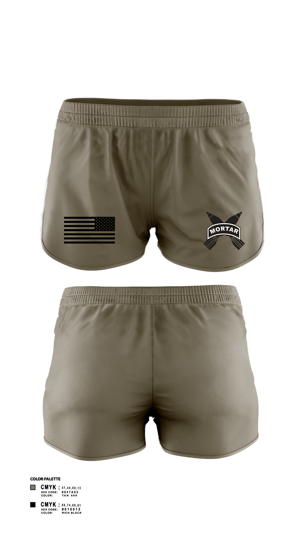 Women's Shorts, Mortars, Army, Teamtime, Team time, sublimation, custom sports apparel, team uniforms, spirit wear, spiritwear, sports uniforms, custom shirts, team store, custom team store, fundraiser sports, apparel fundraiser