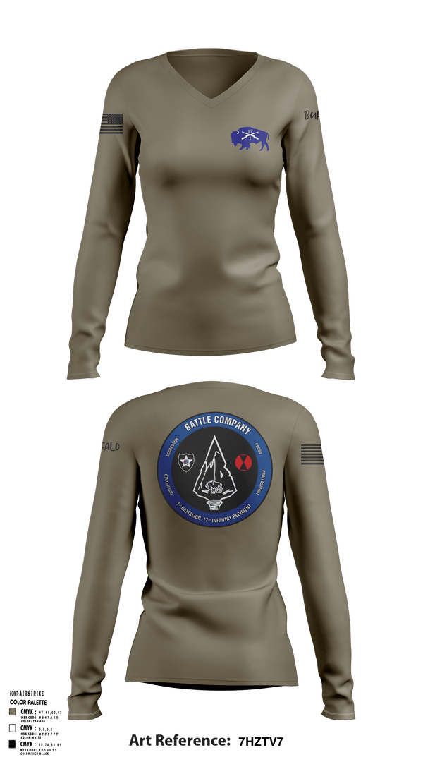 Women's Long Sleeve Vneck Shirt, Battle company 1-17IN, Army, Teamtime, Team time, sublimation, custom sports apparel, team uniforms, spirit wear, spiritwear, sports uniforms, custom shirts, team store, custom team store, fundraiser sports, apparel fundraiser