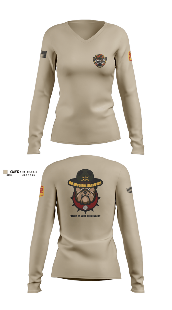 Women's Long Sleeve Vneck Shirt, Bravo BulldawgsBravo BulldawgsB_3-6 ADARBulldawgs 3-6ADAR, Army, Teamtime, Team time, sublimation, custom sports apparel, team uniforms, spirit wear, spiritwear, sports uniforms, custom shirts, team store, custom team store, fundraiser sports, apparel fundraiser