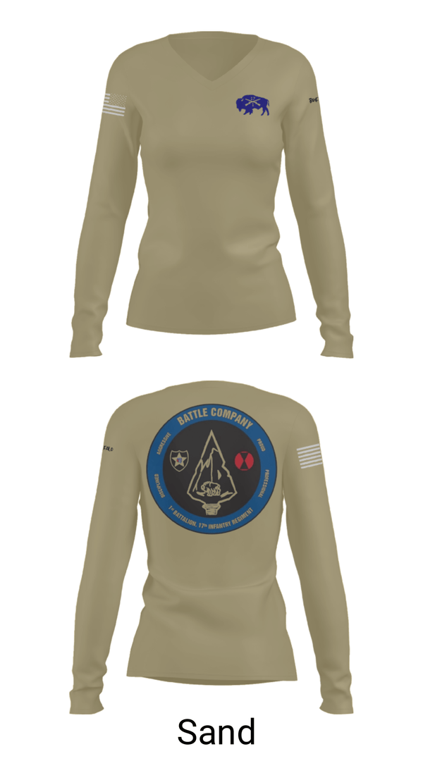 Women's Long Sleeve Vneck Shirt, Battle company 1-17IN, Army, Teamtime, Team time, sublimation, custom sports apparel, team uniforms, spirit wear, spiritwear, sports uniforms, custom shirts, team store, custom team store, fundraiser sports, apparel fundraiser
