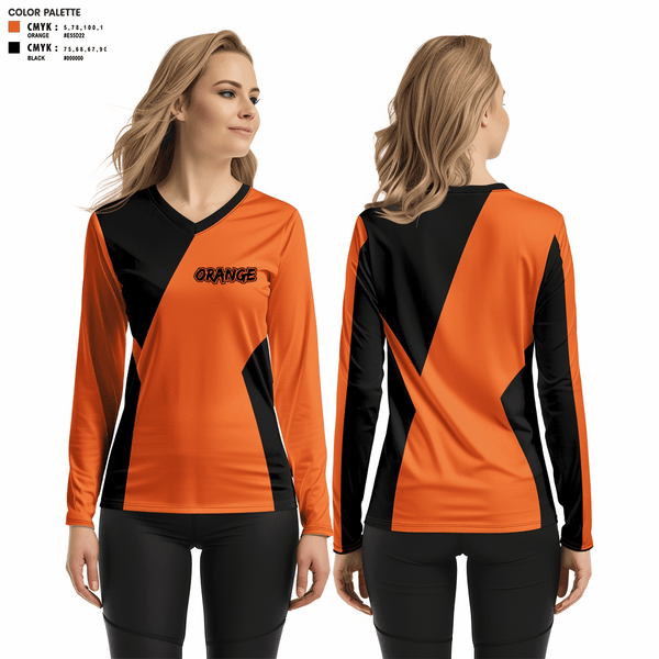 Women's Long Sleeve Vneck Shirt, Orange, Baseball, Teamtime, Team time, sublimation, custom sports apparel, team uniforms, spirit wear, spiritwear, sports uniforms, custom shirts, team store, custom team store, fundraiser sports, apparel fundraiser