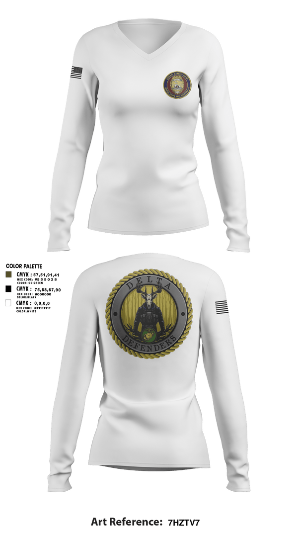Women's Long Sleeve Vneck Shirt, PMO Delta, Marines, Teamtime, Team time, sublimation, custom sports apparel, team uniforms, spirit wear, spiritwear, sports uniforms, custom shirts, team store, custom team store, fundraiser sports, apparel fundraiser
