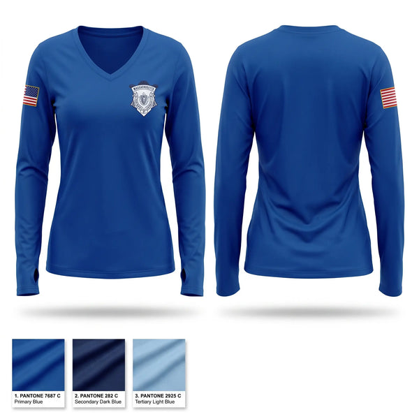 Womens Long Sleeve Vneck Shirt, Massachusetts Department of Correction, Police, Teamtime, Team time, sublimation, custom sports apparel, team uniforms, spirit wear, spiritwear, sports uniforms, custom shirts, team store, custom team store, fundraiser sports, apparel fundraiser