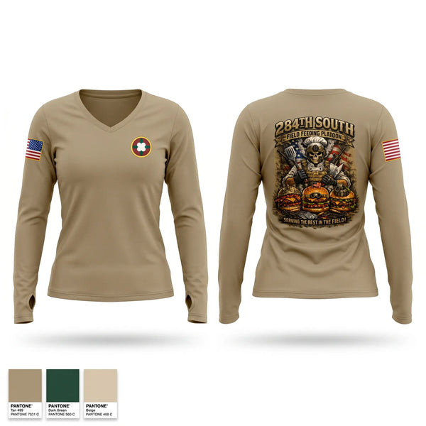 Womens Long Sleeve Vneck Shirt, 284th Field Feeding Team, National Guard, Teamtime, Team time, sublimation, custom sports apparel, team uniforms, spirit wear, spiritwear, sports uniforms, custom shirts, team store, custom team store, fundraiser sports, apparel fundraiser