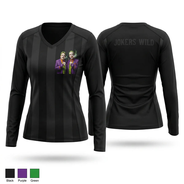 Womens Long Sleeve Vneck Shirt, “JOKERS WILD”, , Teamtime, Team time, sublimation, custom sports apparel, team uniforms, spirit wear, spiritwear, sports uniforms, custom shirts, team store, custom team store, fundraiser sports, apparel fundraiser