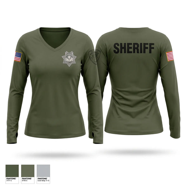 Womens Long Sleeve Vneck Shirt, Modoc County Sheriff's Office, Police, Teamtime, Team time, sublimation, custom sports apparel, team uniforms, spirit wear, spiritwear, sports uniforms, custom shirts, team store, custom team store, fundraiser sports, apparel fundraiser