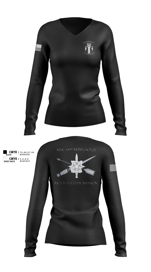 Womens Long Sleeve Vneck Shirt, MSC 389th MI BN (SO) (A), Army, Teamtime, Team time, sublimation, custom sports apparel, team uniforms, spirit wear, spiritwear, sports uniforms, custom shirts, team store, custom team store, fundraiser sports, apparel fundraiser
