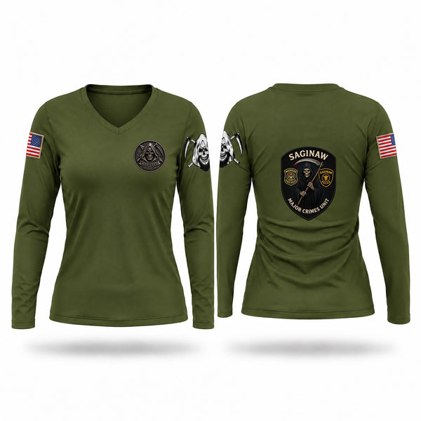 Womens Long Sleeve Vneck Shirt, Michigan State Police Saginaw Major Crimes Unit, Police, Teamtime, Team time, sublimation, custom sports apparel, team uniforms, spirit wear, spiritwear, sports uniforms, custom shirts, team store, custom team store, fundraiser sports, apparel fundraiser
