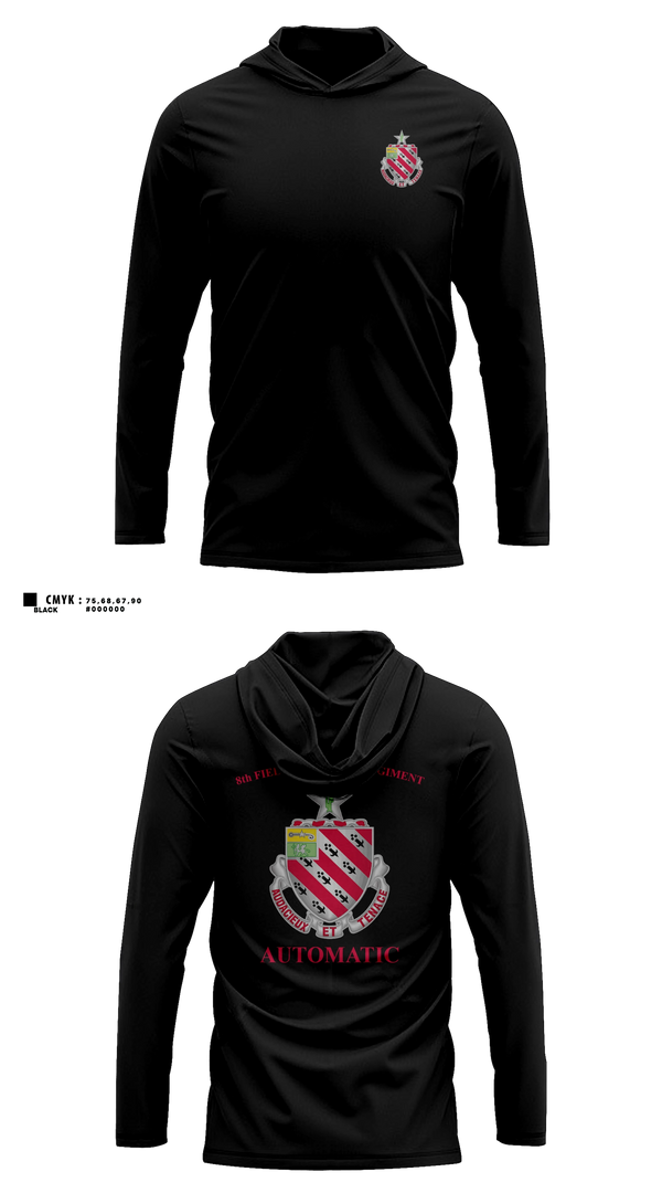Long Sleeve hooded sunshirt, 1/8 Field Artillery Regiment, Army, Teamtime, Team time, sublimation, custom sports apparel, team uniforms, spirit wear, spiritwear, sports uniforms, custom shirts, team store, custom team store, fundraiser sports, apparel fundraiser