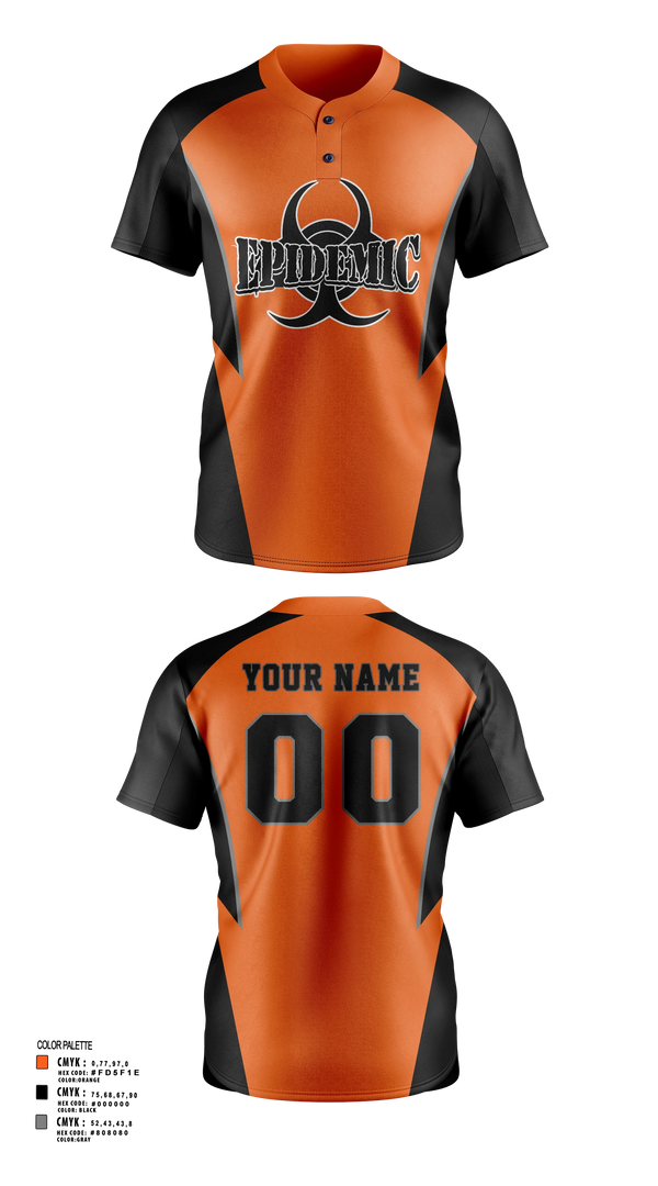 Two Button Softball Jersey, Epidemic, Softball, Teamtime, Team time, sublimation, custom sports apparel, team uniforms, spirit wear, spiritwear, sports uniforms, custom shirts, team store, custom team store, fundraiser sports, apparel fundraiser