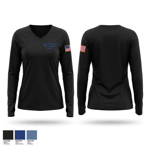 Womens Long Sleeve Vneck Shirt, Acadia-Evangeline Fire Protection District, Fire Department, Teamtime, Team time, sublimation, custom sports apparel, team uniforms, spirit wear, spiritwear, sports uniforms, custom shirts, team store, custom team store, fundraiser sports, apparel fundraiser