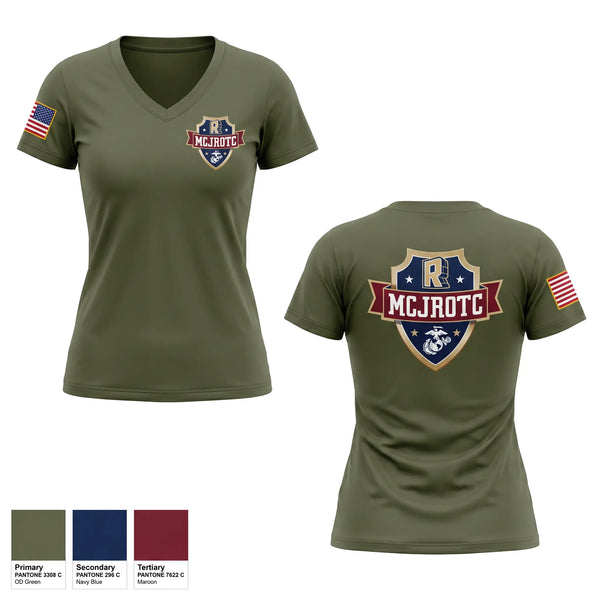 Womens Short Sleeve Vneck Shirt, Rockwall MCJROTC, Marines, Teamtime, Team time, sublimation, custom sports apparel, team uniforms, spirit wear, spiritwear, sports uniforms, custom shirts, team store, custom team store, fundraiser sports, apparel fundraiser