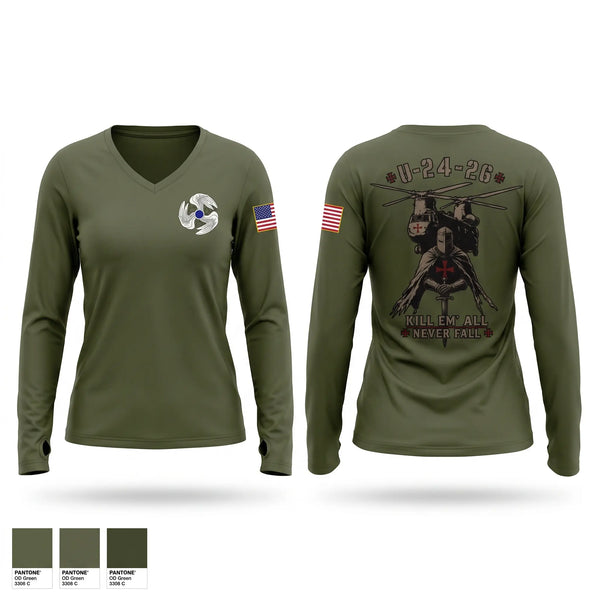 Womens Long Sleeve Vneck Shirt, 1-222 Aviation 1st Platoon D.co, Army, Teamtime, Team time, sublimation, custom sports apparel, team uniforms, spirit wear, spiritwear, sports uniforms, custom shirts, team store, custom team store, fundraiser sports, apparel fundraiser