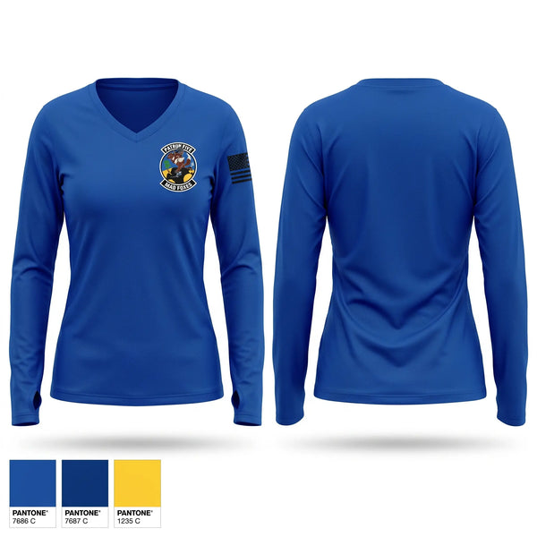 Womens Long Sleeve Vneck Shirt, VP-5 Mad Foxes, Navy, Teamtime, Team time, sublimation, custom sports apparel, team uniforms, spirit wear, spiritwear, sports uniforms, custom shirts, team store, custom team store, fundraiser sports, apparel fundraiser