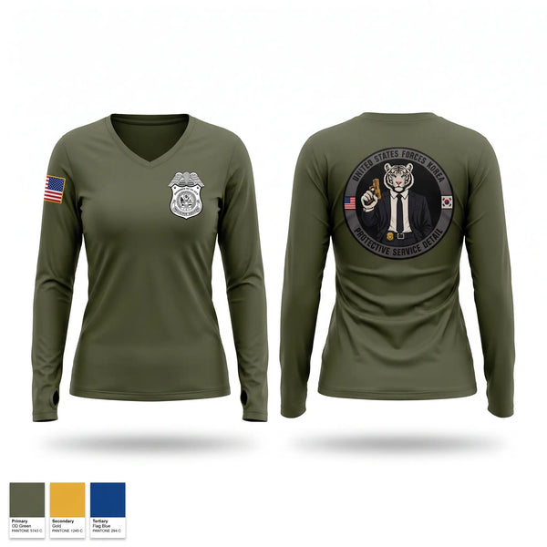 Womens Long Sleeve Vneck Shirt, USFK PSD, Army, Teamtime, Team time, sublimation, custom sports apparel, team uniforms, spirit wear, spiritwear, sports uniforms, custom shirts, team store, custom team store, fundraiser sports, apparel fundraiser