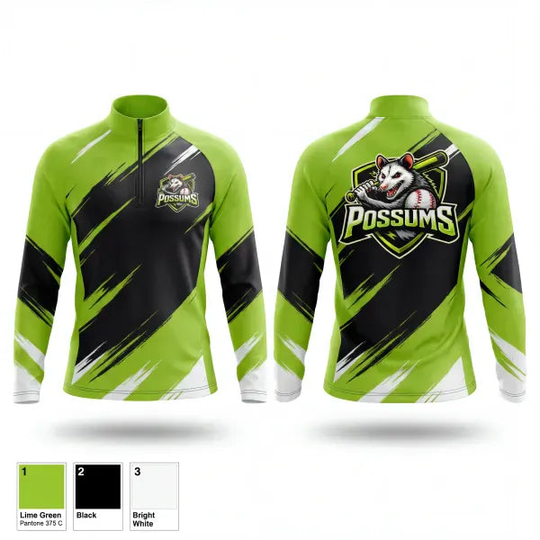 Quarter Zip Jacket, Possums, Baseball, Teamtime, Team time, sublimation, custom sports apparel, team uniforms, spirit wear, spiritwear, sports uniforms, custom shirts, team store, custom team store, fundraiser sports, apparel fundraiser