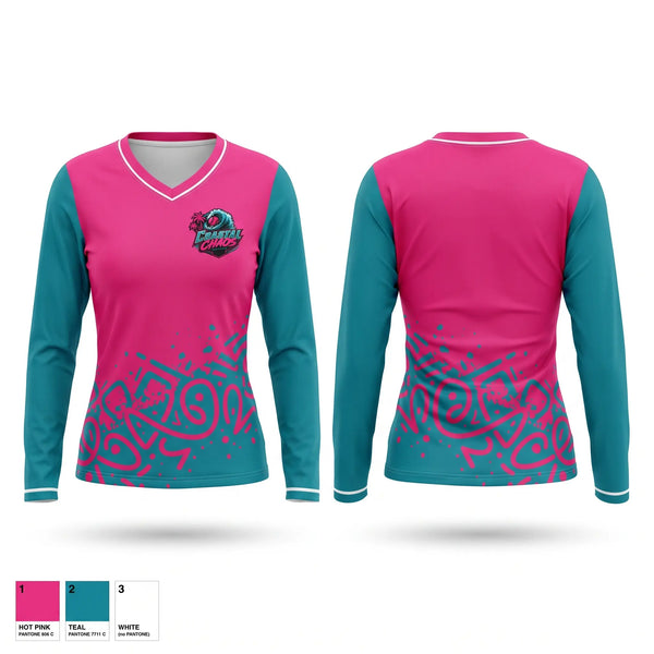 Womens Long Sleeve Vneck Shirt, Coastal Chaos, Softball, Teamtime, Team time, sublimation, custom sports apparel, team uniforms, spirit wear, spiritwear, sports uniforms, custom shirts, team store, custom team store, fundraiser sports, apparel fundraiser