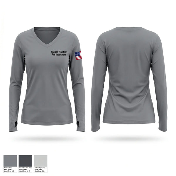 Womens Long Sleeve Vneck Shirt, Addison Volunteer Fire Department, Fire Department, Teamtime, Team time, sublimation, custom sports apparel, team uniforms, spirit wear, spiritwear, sports uniforms, custom shirts, team store, custom team store, fundraiser sports, apparel fundraiser