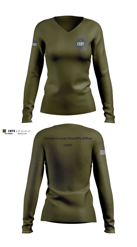 Womens Long Sleeve Vneck Shirt, Comal County Sheriff’s Office, Police, Teamtime, Team time, sublimation, custom sports apparel, team uniforms, spirit wear, spiritwear, sports uniforms, custom shirts, team store, custom team store, fundraiser sports, apparel fundraiser