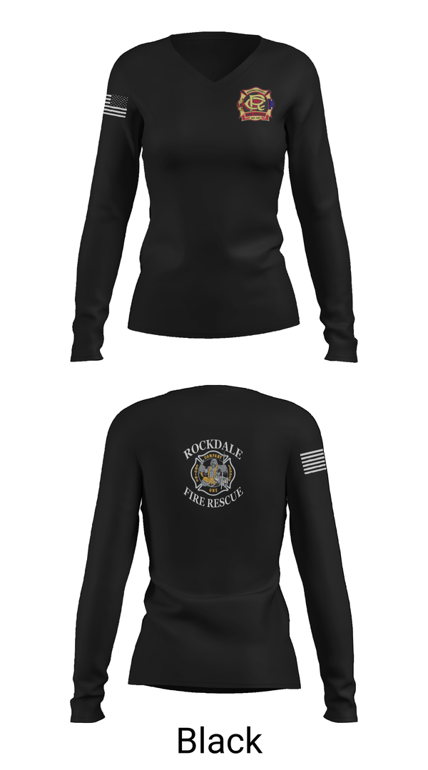 Womens Long Sleeve Vneck Shirt, Rockdale County Fire Rescue Company 1, Fire Department, Teamtime, Team time, sublimation, custom sports apparel, team uniforms, spirit wear, spiritwear, sports uniforms, custom shirts, team store, custom team store, fundraiser sports, apparel fundraiser