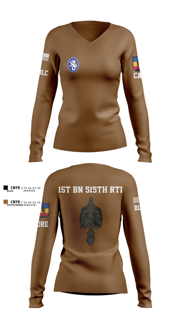 Womens Long Sleeve Vneck Shirt, 1st BN 515th RTI, Army, Teamtime, Team time, sublimation, custom sports apparel, team uniforms, spirit wear, spiritwear, sports uniforms, custom shirts, team store, custom team store, fundraiser sports, apparel fundraiser