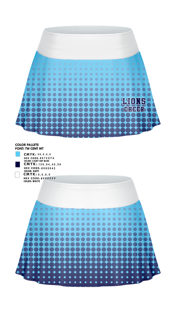 Skort, Lions, Cheer, Teamtime, Team time, sublimation, custom sports apparel, team uniforms, spirit wear, spiritwear, sports uniforms, custom shirts, team store, custom team store, fundraiser sports, apparel fundraiser