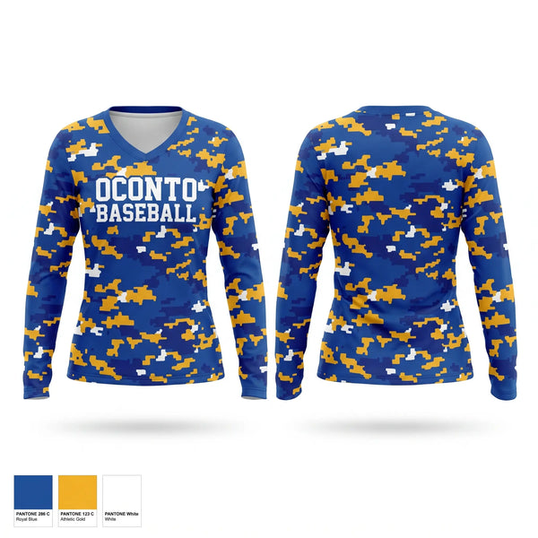 Womens Long Sleeve Vneck Shirt, Oconto Baseball, Baseball, Teamtime, Team time, sublimation, custom sports apparel, team uniforms, spirit wear, spiritwear, sports uniforms, custom shirts, team store, custom team store, fundraiser sports, apparel fundraiser