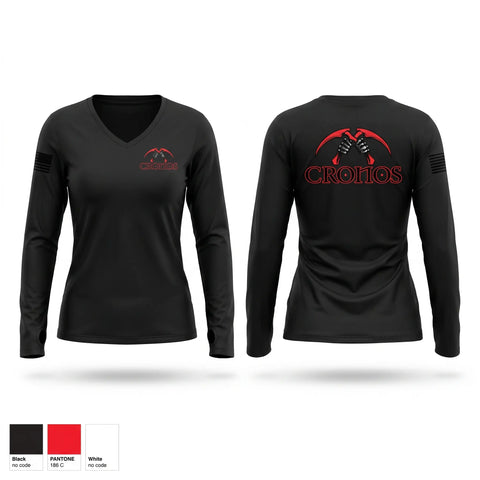 Womens Long Sleeve Vneck Shirt, Cronos Battery, 1-22 FA, Army, Teamtime, Team time, sublimation, custom sports apparel, team uniforms, spirit wear, spiritwear, sports uniforms, custom shirts, team store, custom team store, fundraiser sports, apparel fundraiser