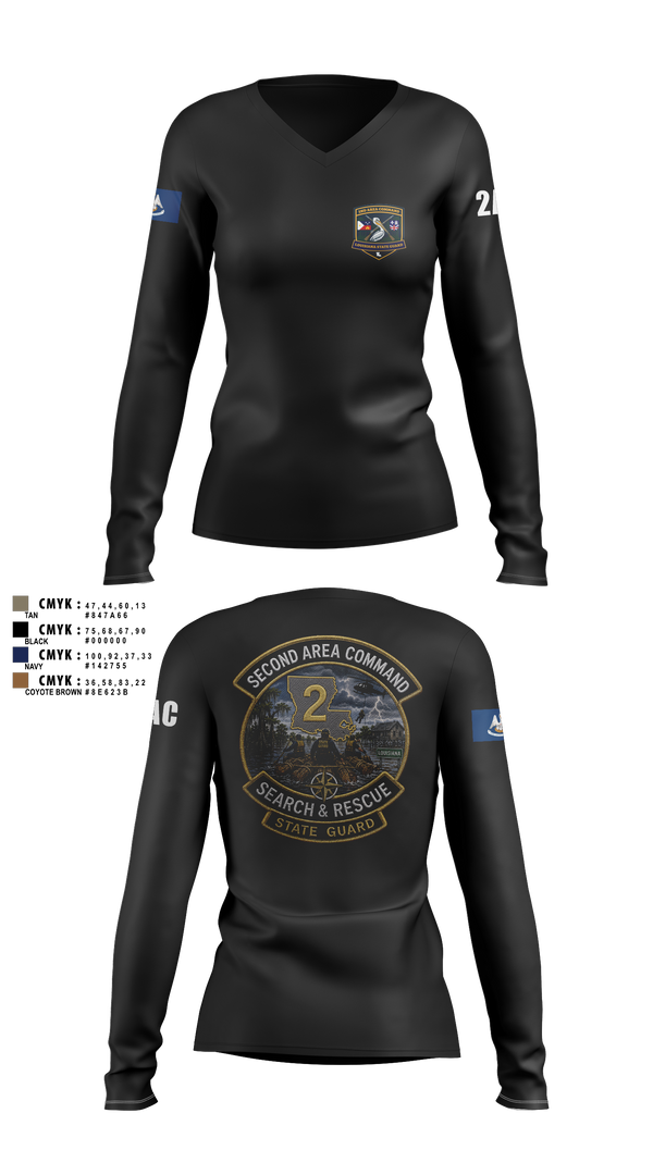 Womens Long Sleeve Vneck Shirt, Louisiana State Guard, Army, Teamtime, Team time, sublimation, custom sports apparel, team uniforms, spirit wear, spiritwear, sports uniforms, custom shirts, team store, custom team store, fundraiser sports, apparel fundraiser