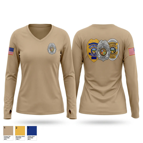 Womens Long Sleeve Vneck Shirt, Huber Heights Public Safety Cadets, Police, Teamtime, Team time, sublimation, custom sports apparel, team uniforms, spirit wear, spiritwear, sports uniforms, custom shirts, team store, custom team store, fundraiser sports, apparel fundraiser