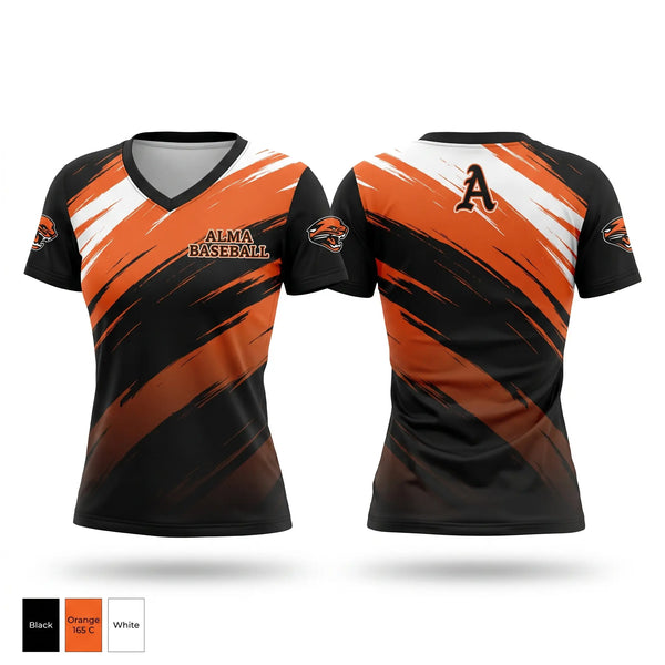 Womens Short Sleeve Vneck Shirt, Alma, Baseball, Teamtime, Team time, sublimation, custom sports apparel, team uniforms, spirit wear, spiritwear, sports uniforms, custom shirts, team store, custom team store, fundraiser sports, apparel fundraiser