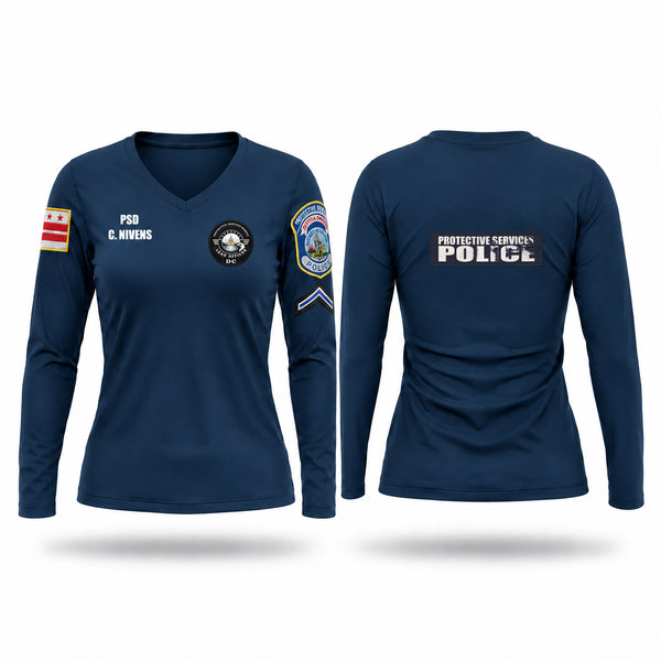 Womens Long Sleeve Vneck Shirt, Protective Services Police, Police, Teamtime, Team time, sublimation, custom sports apparel, team uniforms, spirit wear, spiritwear, sports uniforms, custom shirts, team store, custom team store, fundraiser sports, apparel fundraiser