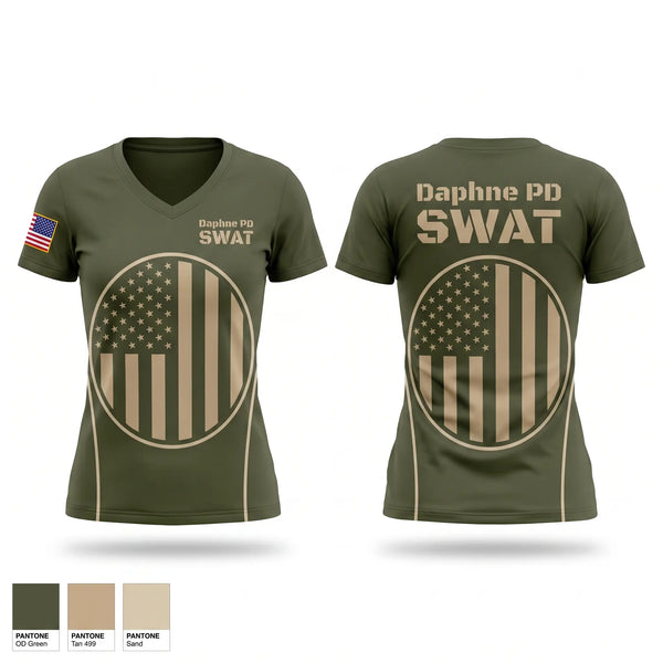 Womens Short Sleeve Vneck Shirt, Daphne PD SWAT, Police, Teamtime, Team time, sublimation, custom sports apparel, team uniforms, spirit wear, spiritwear, sports uniforms, custom shirts, team store, custom team store, fundraiser sports, apparel fundraiser