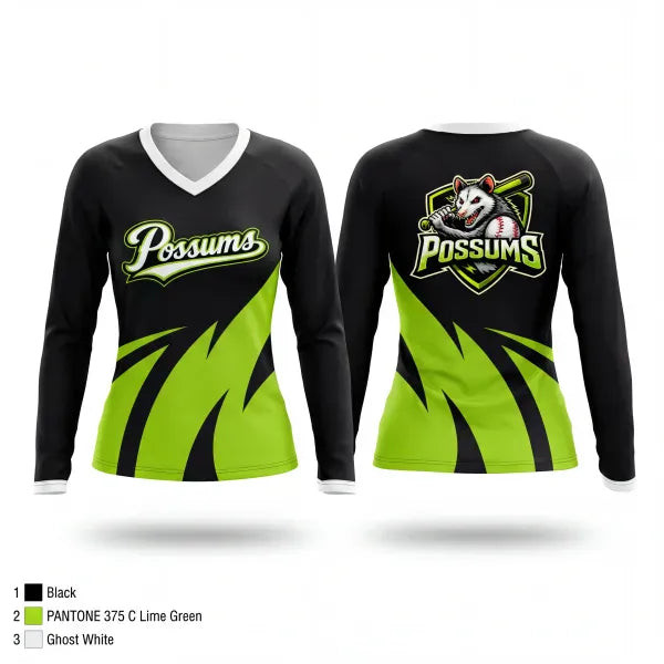 Womens Long Sleeve Vneck Shirt, Possums, Baseball, Teamtime, Team time, sublimation, custom sports apparel, team uniforms, spirit wear, spiritwear, sports uniforms, custom shirts, team store, custom team store, fundraiser sports, apparel fundraiser