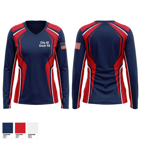 Womens Long Sleeve Vneck Shirt, City Of Greer FD, Fire Department, Teamtime, Team time, sublimation, custom sports apparel, team uniforms, spirit wear, spiritwear, sports uniforms, custom shirts, team store, custom team store, fundraiser sports, apparel fundraiser